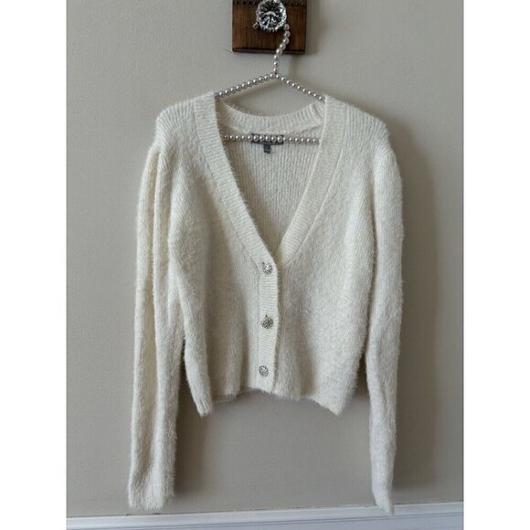 Marled Reunited Clothing Size S Cream Cardigan Jeweled Buttons Fuzzy Soft - Picture 1 of 7